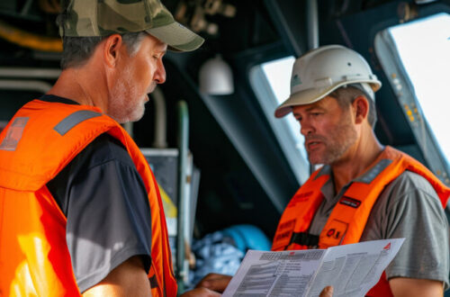Ein Kapitän und ein Erster Offizier prüfen und besprechen sorgfältig die Sicherheitsprotokolle für den Umgang mit gefährlicher Fracht, bevor sie in See stechen.
