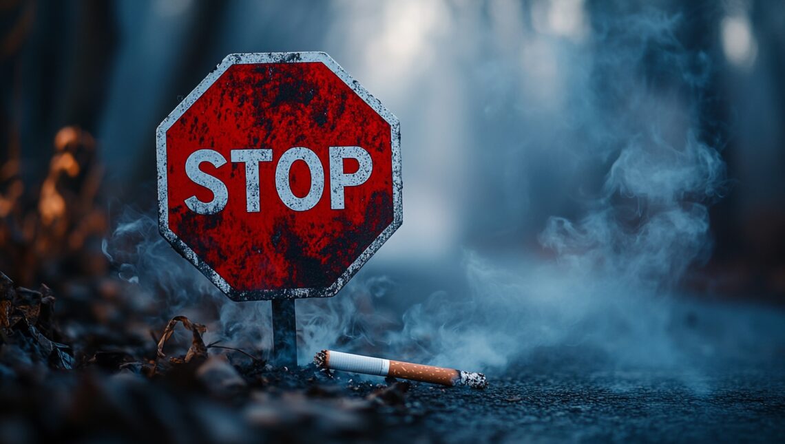 Stoppschild mit Zigarette im Rauch | Nikotinsalz Liquid