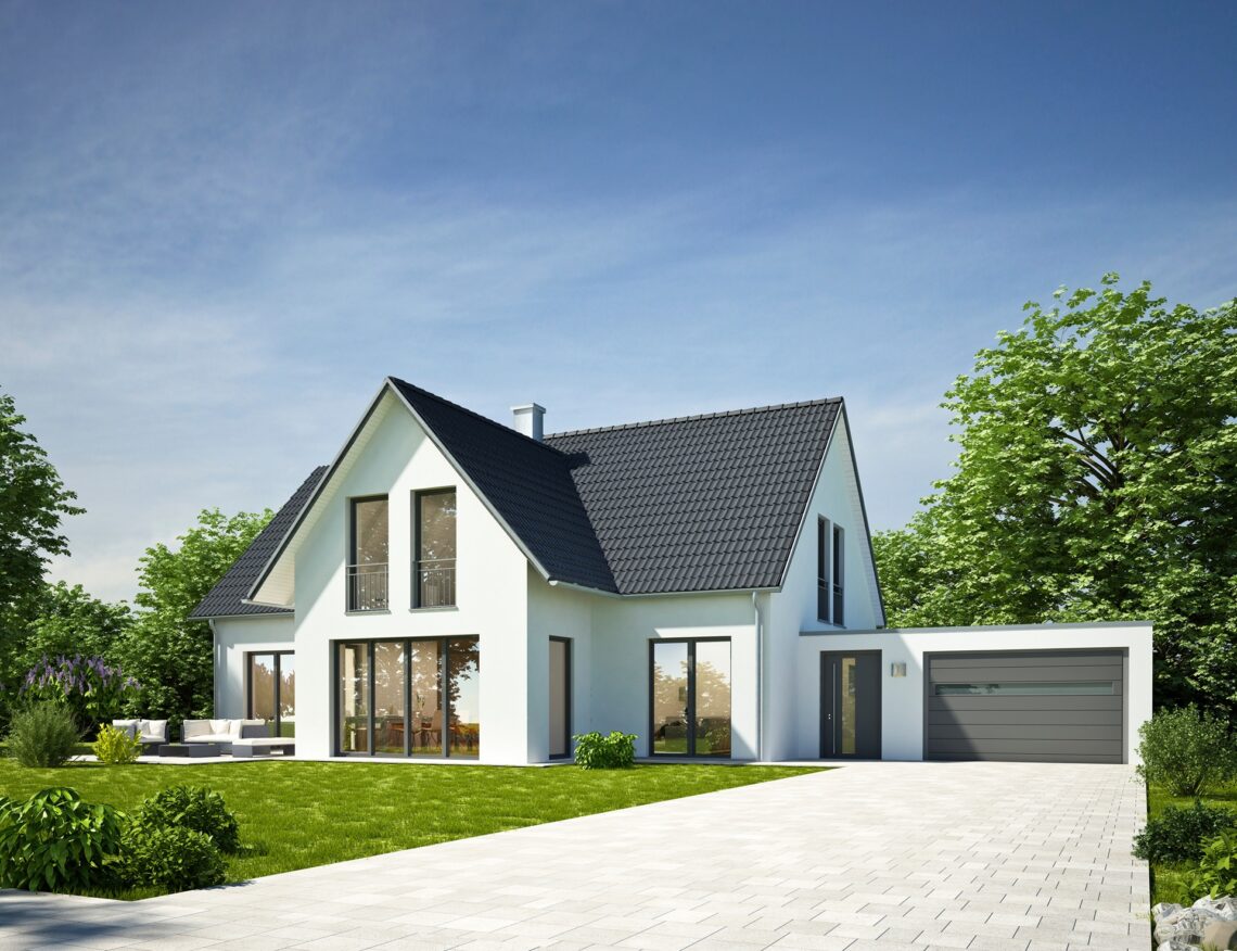 Neubau mit Rasenflaeche und Garage | Mülltonnenboxen mit Pflanzdach