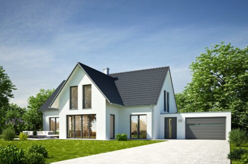 Neubau mit Rasenflaeche und Garage | Mülltonnenboxen mit Pflanzdach
