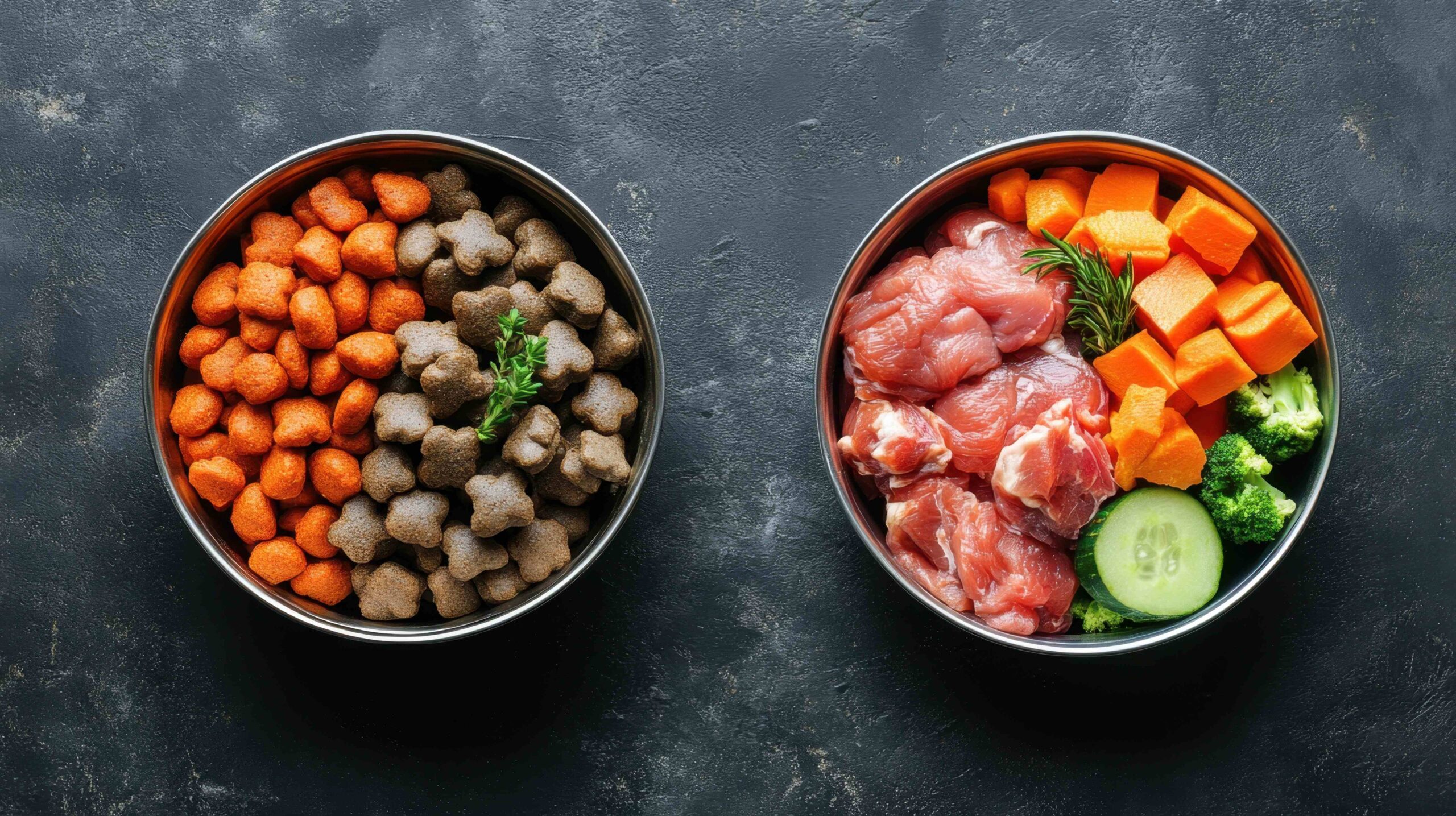 Ein direkter Vergleich von Dosenhundefutter und frischen Zutaten wie Fleisch und Gemüse, der die Debatte über ausgewogene Tierernährung symbolisiert.