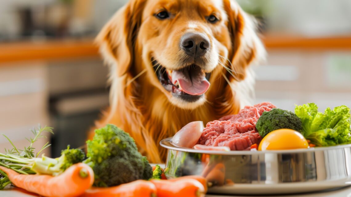 Hundeschnitte mit Hundenapf mit rohem Fleisch, gemahlenem Putenfleisch, Karotten, Brokkoli, rohem Eigelb obendrauf. Gesundes Rohfutter für Hunde. Generative KI.