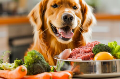 Hundeschnitte mit Hundenapf mit rohem Fleisch, gemahlenem Putenfleisch, Karotten, Brokkoli, rohem Eigelb obendrauf. Gesundes Rohfutter für Hunde. Generative KI.